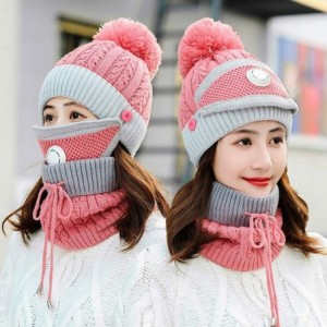 Skullies & Beanies Fleece Lined Knit Beanie Scarf Mouth Mask Set for Girl and Women Winter Ski Hat with Pompom - CX18ZE62CIO ...