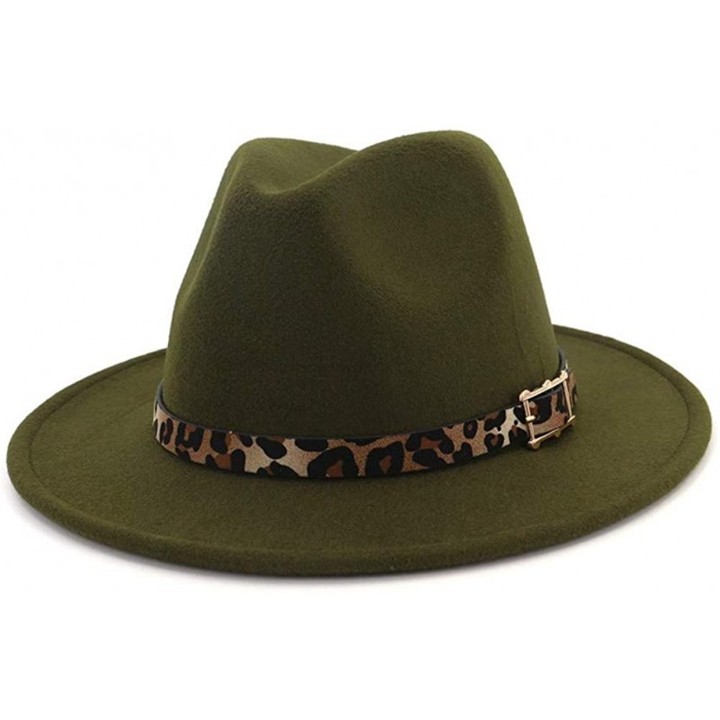Fedoras Women's Wide Brim Felt Fedora Panama Hat with Leopard Belt Buckle - Green - CD18IZW62AS $25.32