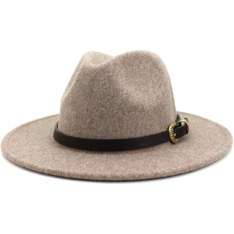 Fedoras Women Belt Buckle Wool Wide Brim Fedora Hat - Metal Buckle Oatmeal - CV1938NUNTX $15.53