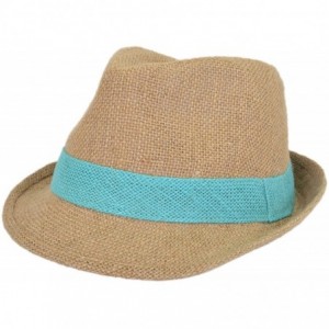 Fedoras Classic Burlap Style Tan Fedora Straw Hat Band Avail - Light Blue Band - C911ZQ1W31J $11.13