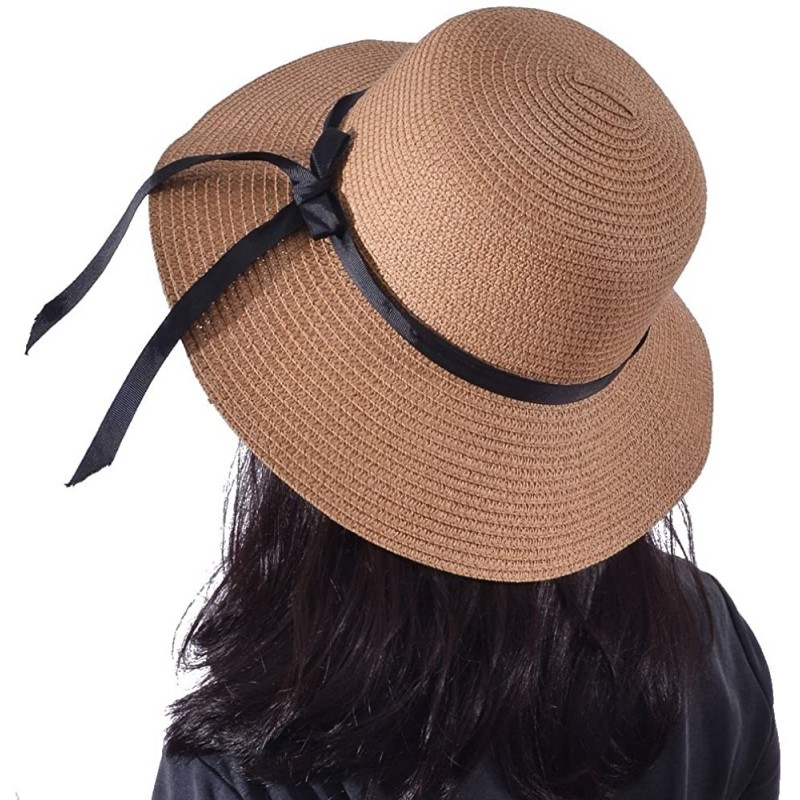 Sun Hats Sun Straw Hats for Women Floppy Foldable Wide Brim Summer Beach Hat UV Protection - B Khaki - CX18G4YO6ND $12.95