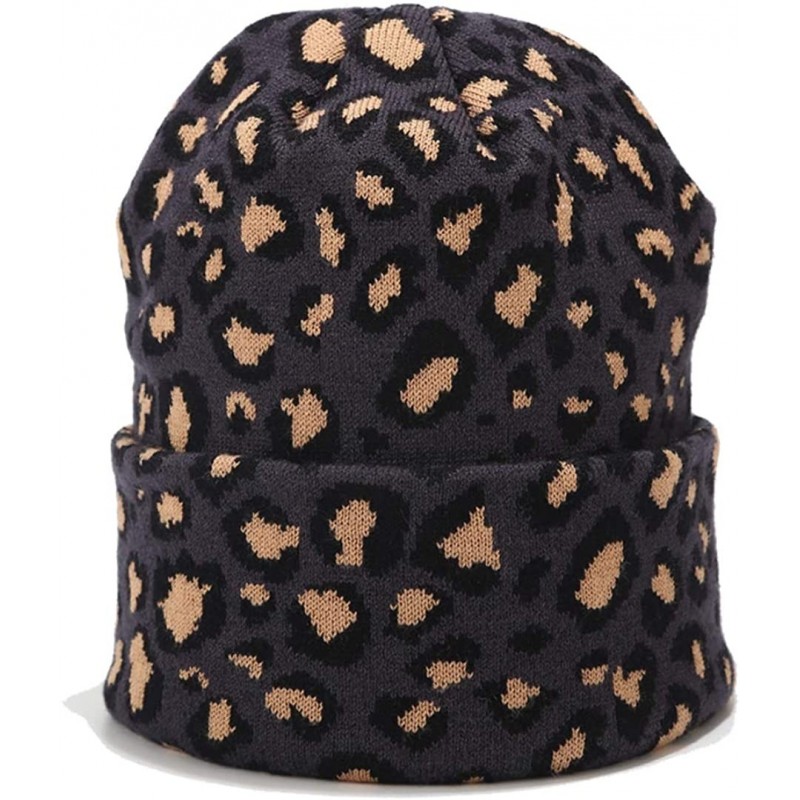 Skullies & Beanies Leopard Print Beanie Hat Trendy Animal Pattern Skull Cap 2 Layers Cuffed Hats Winter Thick Knitted Watch C...