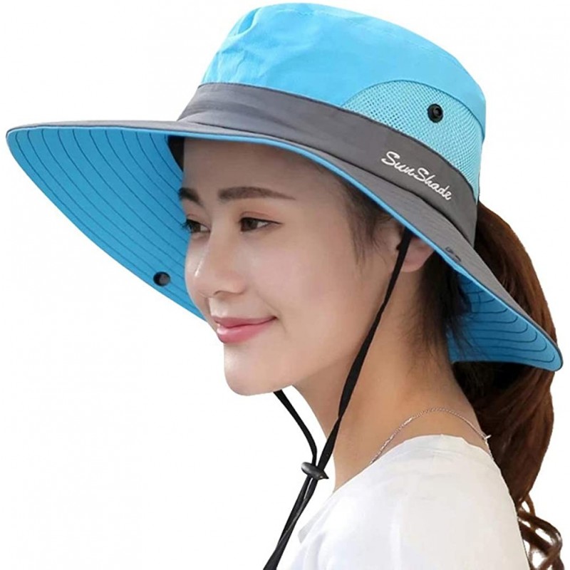 Sun Hats Summer Sun Hat- Women Girls Foldable Wide Brim Hat UV Protection Bucket Cap Ponytail for Beach Safari Fishing - C918...