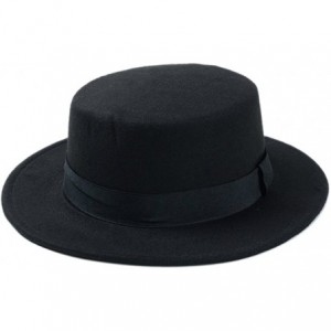 Fedoras Women Boater Hat Bowler Sailor Wide Brim Flat Top Caps Wool Blend - Black - CD184HL7CA6 $22.83