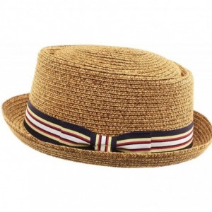 Fedoras Men's Fancy Summer Straw Pork Pie Derby Fedora Upturn Brim Hat - Toast - CM12FFO0P9X $26.50