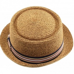 Fedoras Men's Fancy Summer Straw Pork Pie Derby Fedora Upturn Brim Hat - Toast - CM12FFO0P9X $26.50