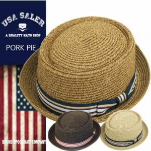 Fedoras Men's Fancy Summer Straw Pork Pie Derby Fedora Upturn Brim Hat - Toast - CM12FFO0P9X $26.50
