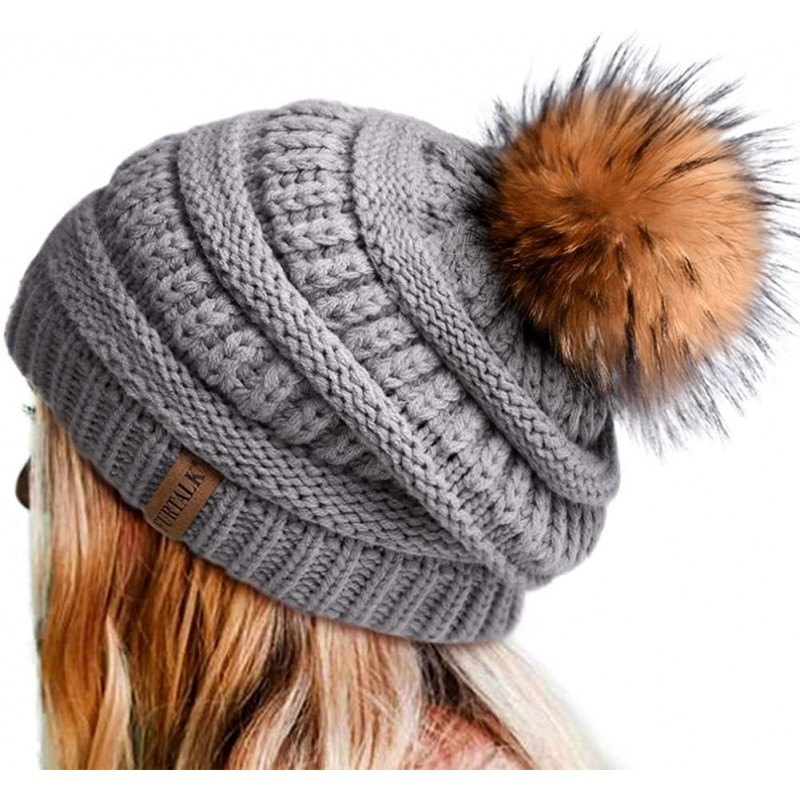 Skullies & Beanies Winter Hats Beanie for Women Lined Slouchy Knit Skiing Cap Real Fur Pom Pom Hat for Girls - CQ12LWBQG2N $2...