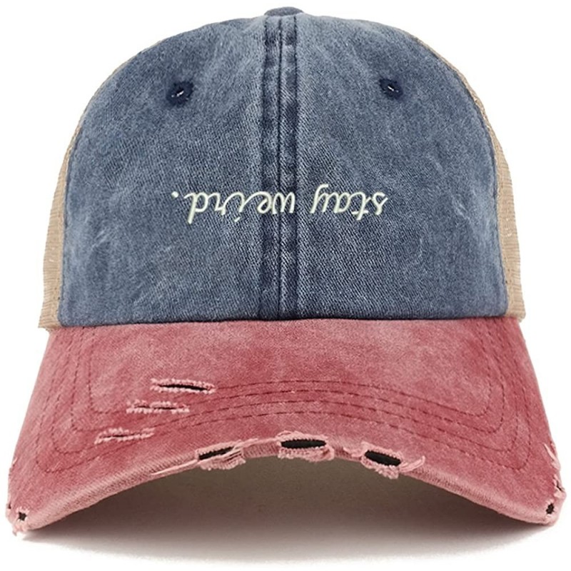 Baseball Caps Stay Weird Embroidered Frayed Bill Trucker Mesh Back Cap - Navy Wine - C718CX5ME4N $21.53