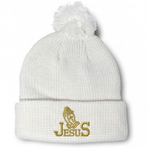 Skullies & Beanies Winter Pom Pom Beanie Men & Women Jesus Christian Hands Praying A Embroidery - White - CA18A0DYE6O $14.00