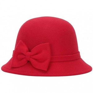 Bucket Hats Women Solid Color Winter Hat Flower 100% Wool Cloche Bucket Hat - Z-red - C41935H072O $10.11