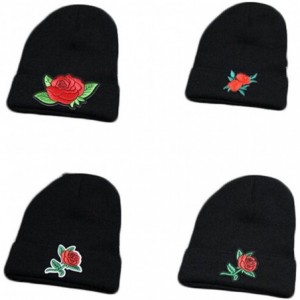 Skullies & Beanies Embroidered Rose Knit Hat Winter Ski Skullcap Top Hat Black Elastic Beanie for Men & Women - 2 - CI186G5YZ...