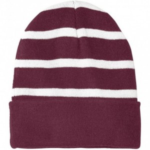 Skullies & Beanies Fleece Lined Stripe Beanies in - Maroon/White - CX12LZNADL7 $10.31