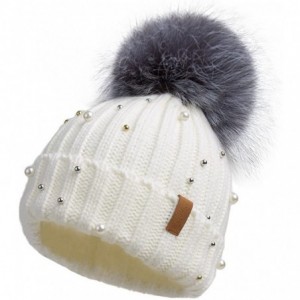 Skullies & Beanies Women Knit Winter Turn up Beanie Hat with Pearl and Fur Pompom - White(gray Pompom) - CU185KESU6T $21.66