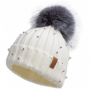 Skullies & Beanies Women Knit Winter Turn up Beanie Hat with Pearl and Fur Pompom - White(gray Pompom) - CU185KESU6T $21.66