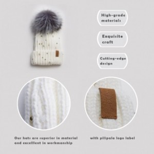 Skullies & Beanies Women Knit Winter Turn up Beanie Hat with Pearl and Fur Pompom - White(gray Pompom) - CU185KESU6T $21.66