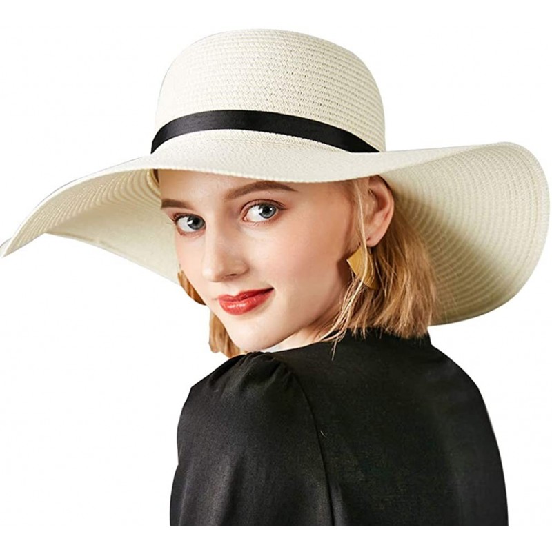 Sun Hats Large Straw Sun Hats for Women with UV Protection Wide Brim-Ladias Summer Beach Cap with Floppy - C1-white - CG18QSD...