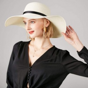 Sun Hats Large Straw Sun Hats for Women with UV Protection Wide Brim-Ladias Summer Beach Cap with Floppy - C1-white - CG18QSD...