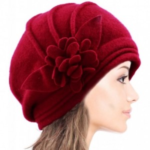 Bucket Hats Women's Elegant Flower Wool Cloche Bucket Slouch Hat - Red - C31174WWS7H $26.23