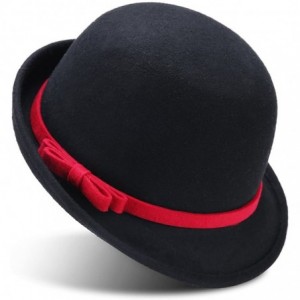 Fedoras Women's 100% Wool Felt Round Top Cloche Hat Fedoras Trilby with Bow Band - Black 1 - C912O2XDTSU $64.87