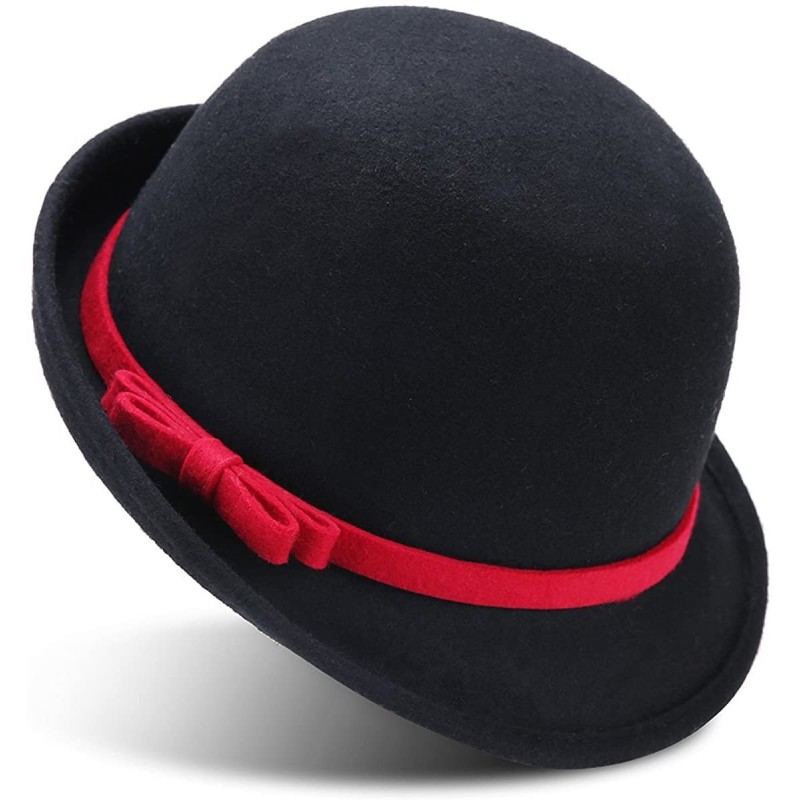 Fedoras Women's 100% Wool Felt Round Top Cloche Hat Fedoras Trilby with Bow Band - Black 1 - C912O2XDTSU $27.32