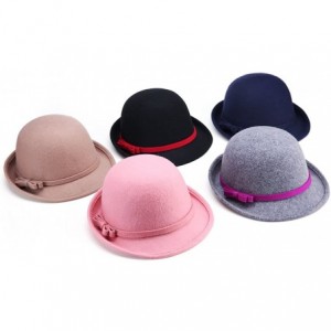 Fedoras Women's 100% Wool Felt Round Top Cloche Hat Fedoras Trilby with Bow Band - Black 1 - C912O2XDTSU $27.32