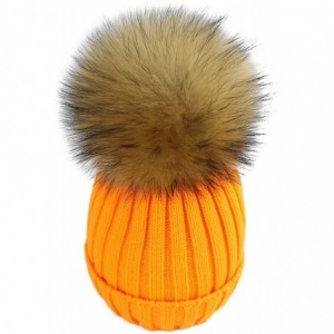 Skullies & Beanies Women Cable Knit Beanie Raccoon Fur Fuzzy Pompom Chunky Winter Stretch Skull Cap Cuff Hat - 11light Orange...