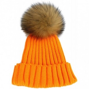 Skullies & Beanies Women Cable Knit Beanie Raccoon Fur Fuzzy Pompom Chunky Winter Stretch Skull Cap Cuff Hat - 11light Orange...