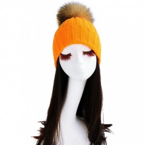 Skullies & Beanies Women Cable Knit Beanie Raccoon Fur Fuzzy Pompom Chunky Winter Stretch Skull Cap Cuff Hat - 11light Orange...