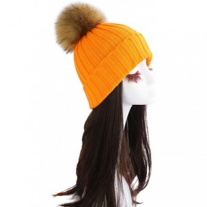 Skullies & Beanies Women Cable Knit Beanie Raccoon Fur Fuzzy Pompom Chunky Winter Stretch Skull Cap Cuff Hat - 11light Orange...