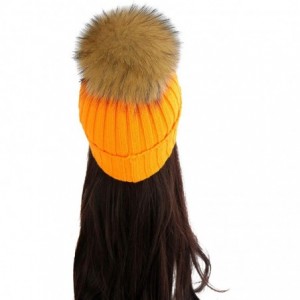 Skullies & Beanies Women Cable Knit Beanie Raccoon Fur Fuzzy Pompom Chunky Winter Stretch Skull Cap Cuff Hat - 11light Orange...