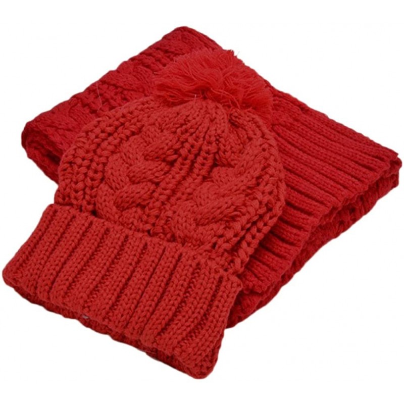 Skullies & Beanies Fashion Women's Warm Crochet Knitted Beanie Hat and Scarf Set with Fur Poms - 3 Red - CK18M373QX0 $22.81