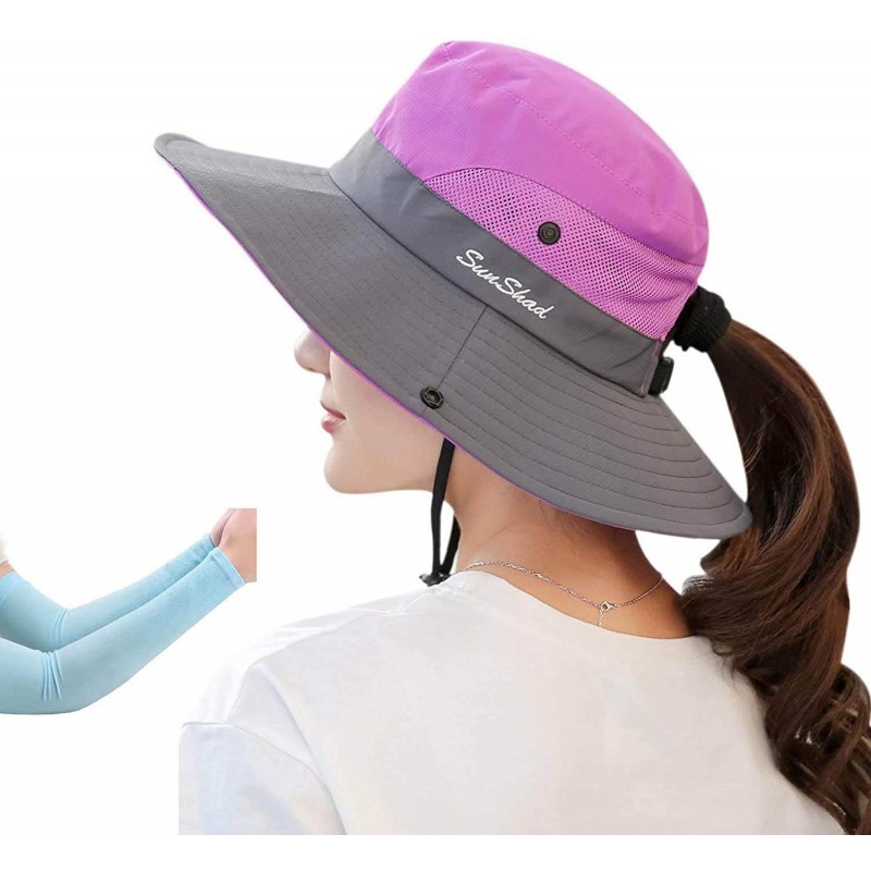 Bucket Hats Women's Outdoor Sun Protection Wide Brim Mesh Fishing Hat Bucket Hat with Ponytails - Purple - C618G2QRELG $15.13