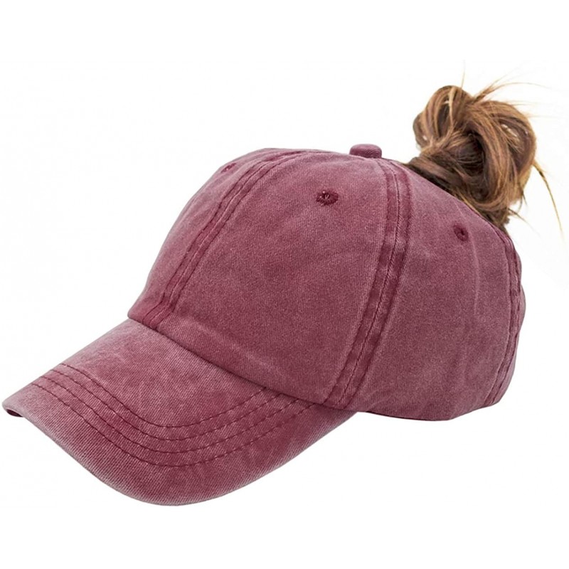 Baseball Caps Ponytail Baseball Hat Distressed Retro Washed Cotton Twill - Red Wine - CU18GYGDQ7Z $8.77