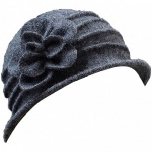 Fedoras Women 100% Wool Solid Color Round Top Cloche Beret Cap Flower Fedora Hat - 3 Dark Grey - CE186WY8NAD $36.77