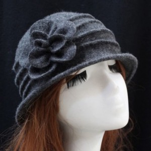 Fedoras Women 100% Wool Solid Color Round Top Cloche Beret Cap Flower Fedora Hat - 3 Dark Grey - CE186WY8NAD $16.71