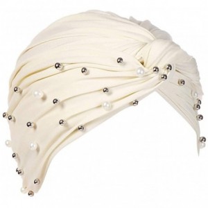 Balaclavas Women Muslim Turban Pearl Hat Bonnet Hijab Headscarf Islamic Chemo Cap - Beige - CE18RZW0L86 $10.97