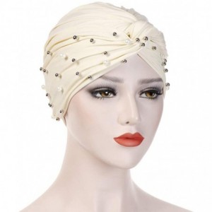 Balaclavas Women Muslim Turban Pearl Hat Bonnet Hijab Headscarf Islamic Chemo Cap - Beige - CE18RZW0L86 $10.97