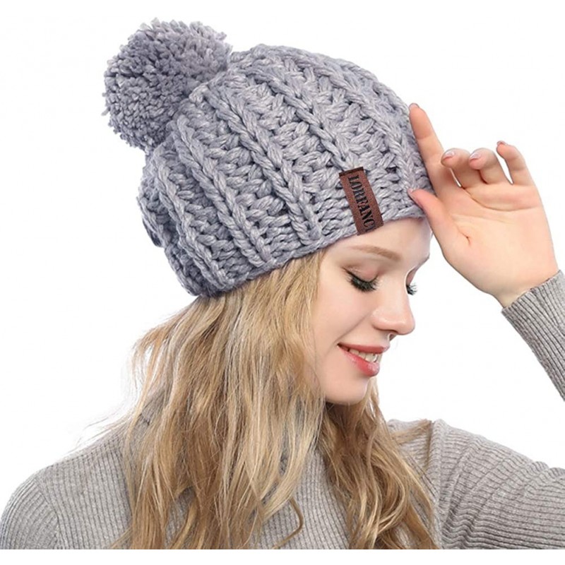 Skullies & Beanies Winter Knit Hat for Women Warm Chunky Pom Pom Beanie Ski Snow Outdoor Cap for Women Teen Girls - Grey - CA...