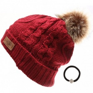 Skullies & Beanies Women's Winter Fleece Lined Cable Knitted Pom Pom Beanie Hat with Hair Tie. - Burgundy - CE18I7UI2EI $22.58