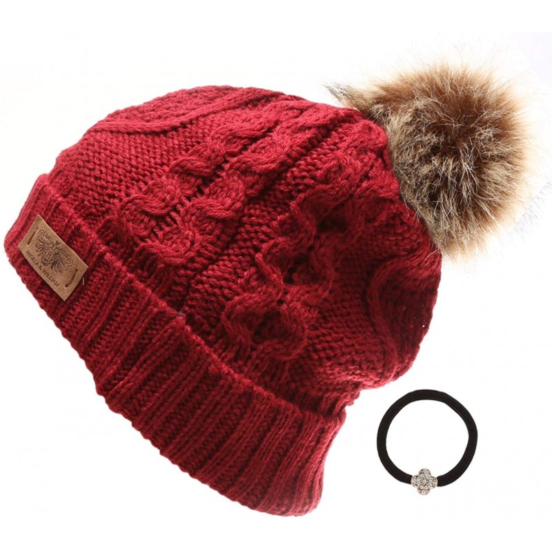 Skullies & Beanies Women's Winter Fleece Lined Cable Knitted Pom Pom Beanie Hat with Hair Tie. - Burgundy - CE18I7UI2EI $13.92