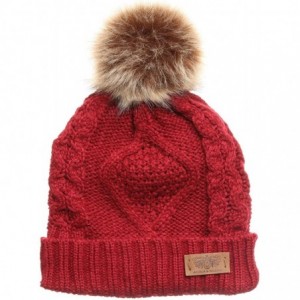 Skullies & Beanies Women's Winter Fleece Lined Cable Knitted Pom Pom Beanie Hat with Hair Tie. - Burgundy - CE18I7UI2EI $13.92