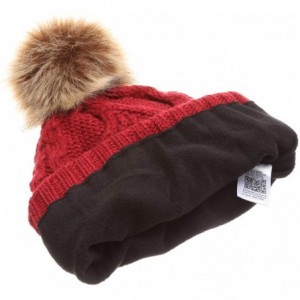 Skullies & Beanies Women's Winter Fleece Lined Cable Knitted Pom Pom Beanie Hat with Hair Tie. - Burgundy - CE18I7UI2EI $13.92