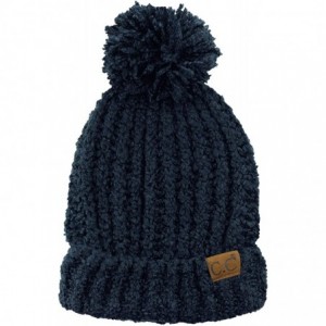 Skullies & Beanies Women's Chenille Soft Stretchy Pom Cuffed Knit Beanie Cap Hat-Navy - CE18IQEWKDD $13.22