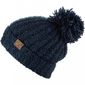 Skullies & Beanies Women's Chenille Soft Stretchy Pom Cuffed Knit Beanie Cap Hat-Navy - CE18IQEWKDD $13.22