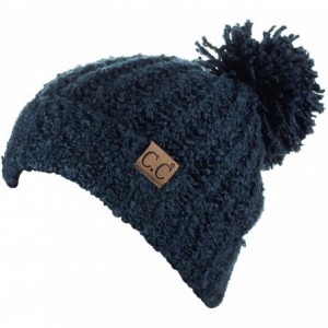 Skullies & Beanies Women's Chenille Soft Stretchy Pom Cuffed Knit Beanie Cap Hat-Navy - CE18IQEWKDD $13.22