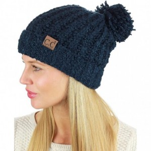 Skullies & Beanies Women's Chenille Soft Stretchy Pom Cuffed Knit Beanie Cap Hat-Navy - CE18IQEWKDD $13.22