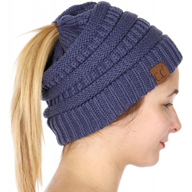 Skullies & Beanies Beanie Ponytail Beanie Messy bun Beanie Soft Warm Cable Winter Chunky Skull Cap - Solid Dark Denim - C5188...