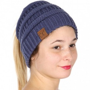 Skullies & Beanies Beanie Ponytail Beanie Messy bun Beanie Soft Warm Cable Winter Chunky Skull Cap - Solid Dark Denim - C5188...