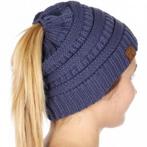 Skullies & Beanies Beanie Ponytail Beanie Messy bun Beanie Soft Warm Cable Winter Chunky Skull Cap - Solid Dark Denim - C5188...